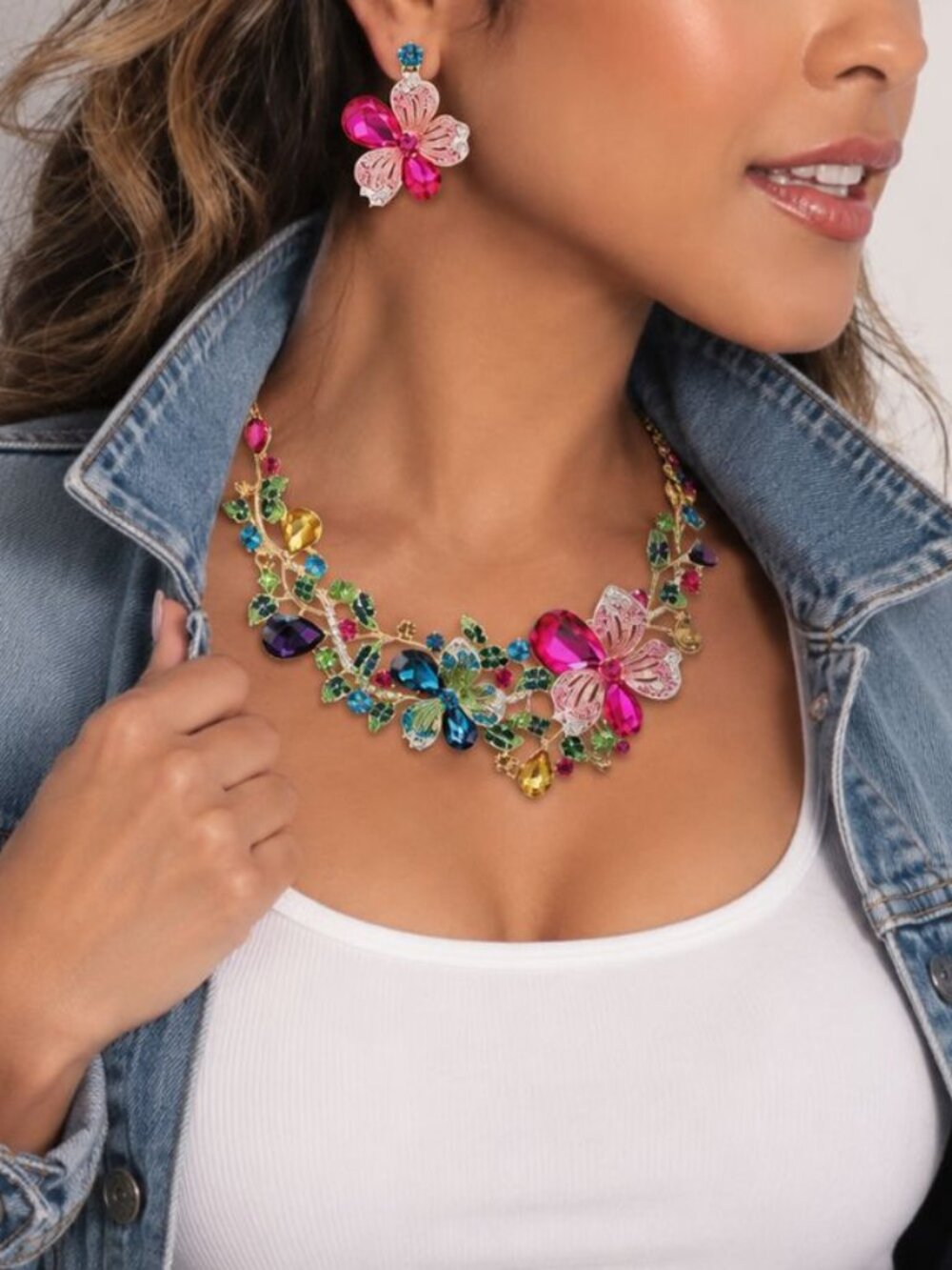 Colorful Crystal Floral Statement Necklace and Earring Set. Boho Glam